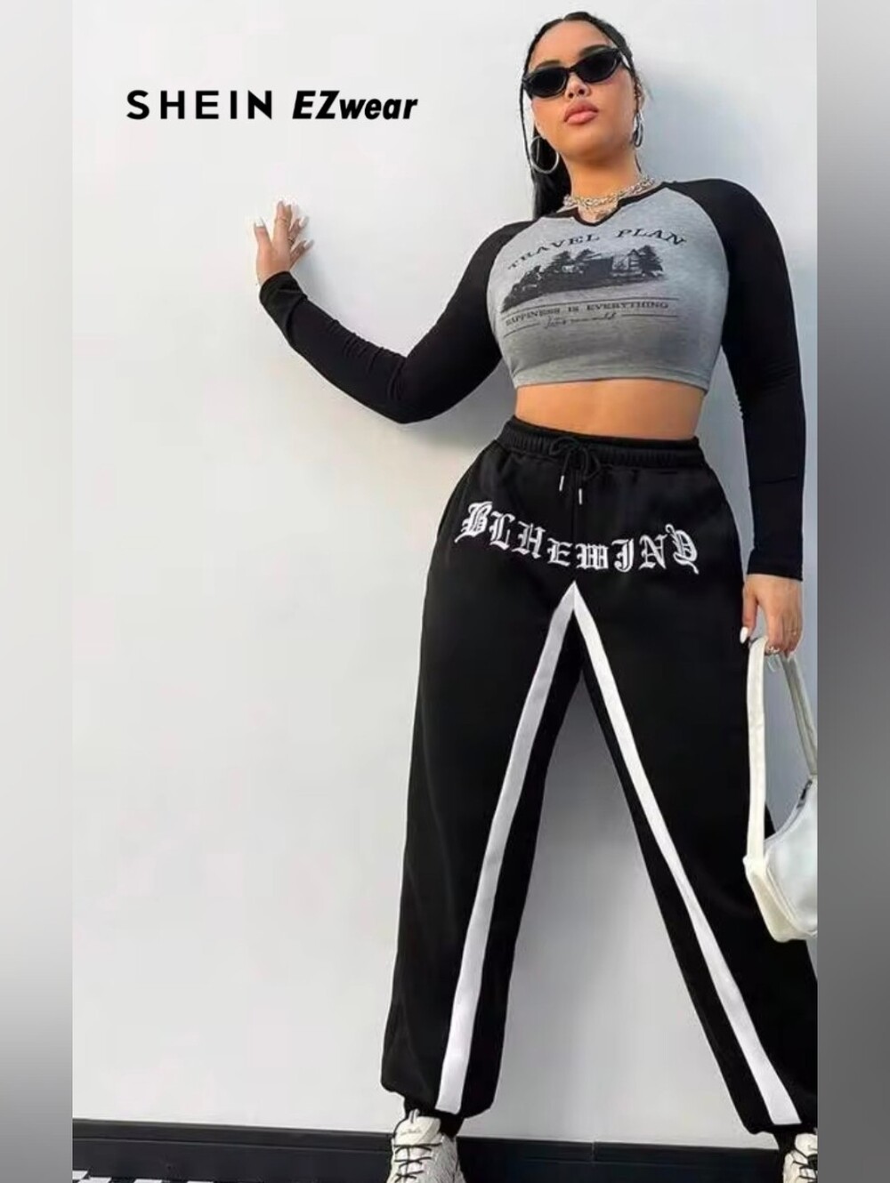 Shein Jogger Sweatpants EZwear B/W Contrast Tape Embroidery 'BLUEWIND' XL